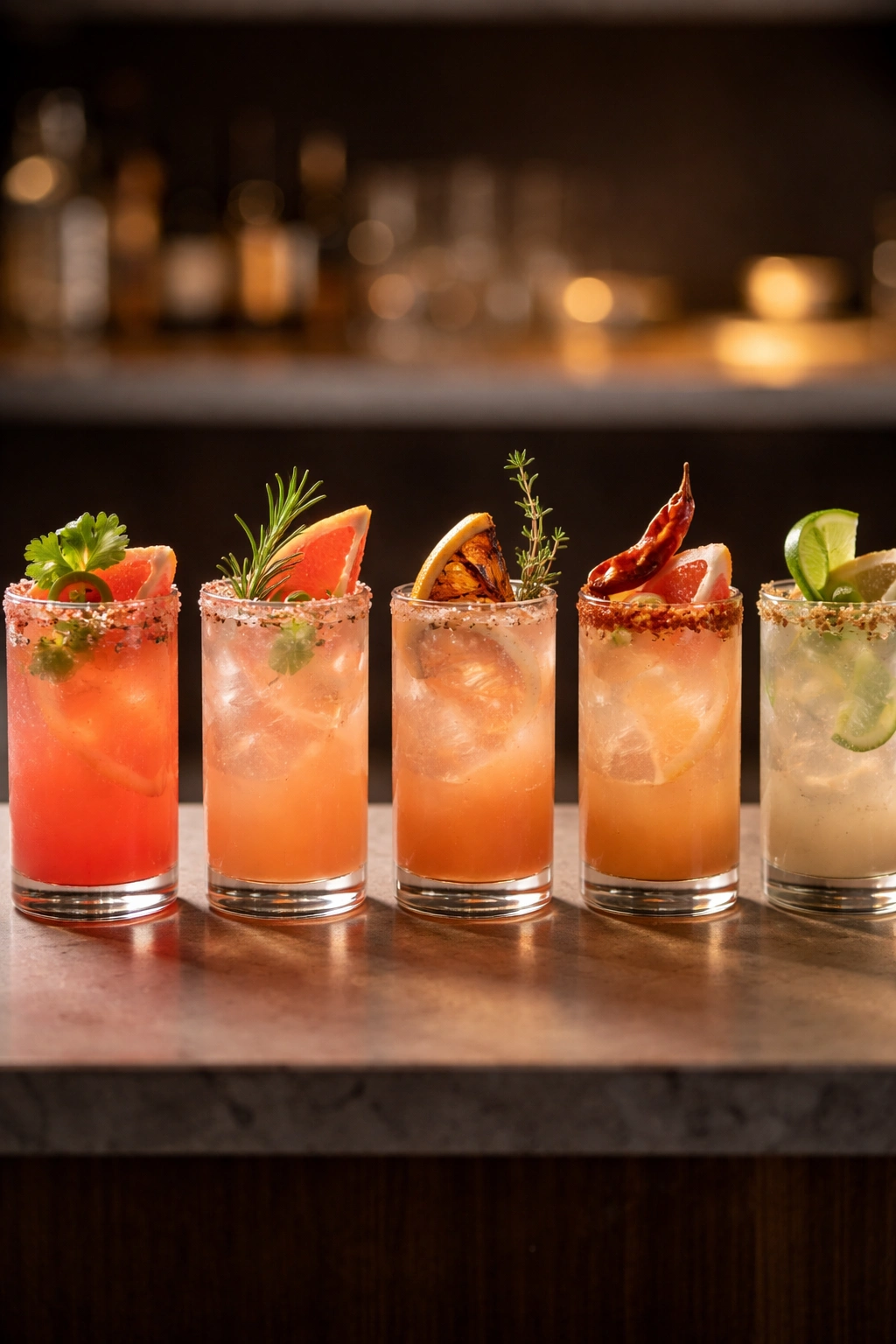 Row of five Paloma cocktails with varied rims and garnishes, illustrating mood-driven variations.