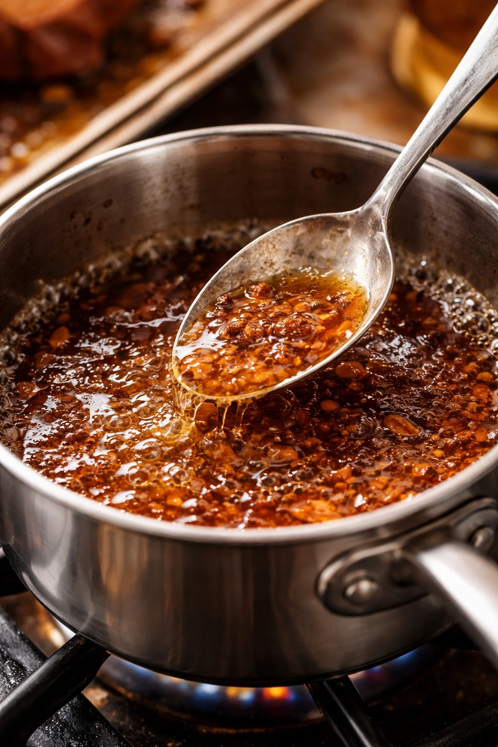 Close-up of simmering pan drippings in a saucepan ready to be used as glaze or gravy