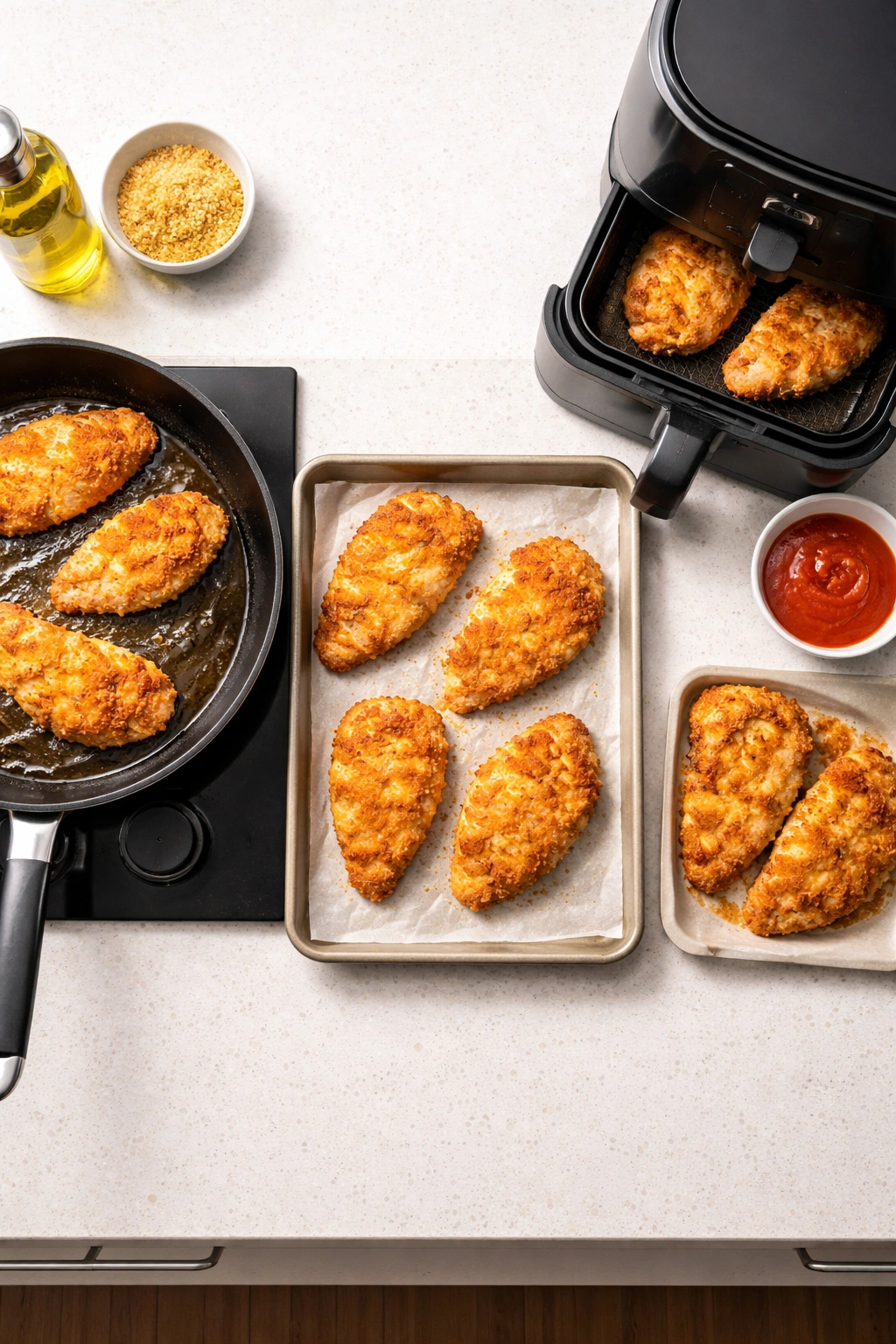 Comparison of pan-frying, baking, and air frying chicken parmesan