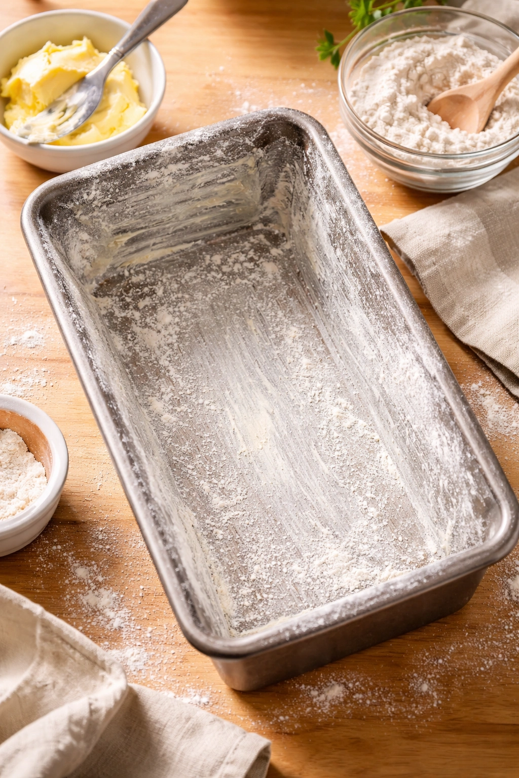 Loaf pan greased and dusted with flour, ready for batter
