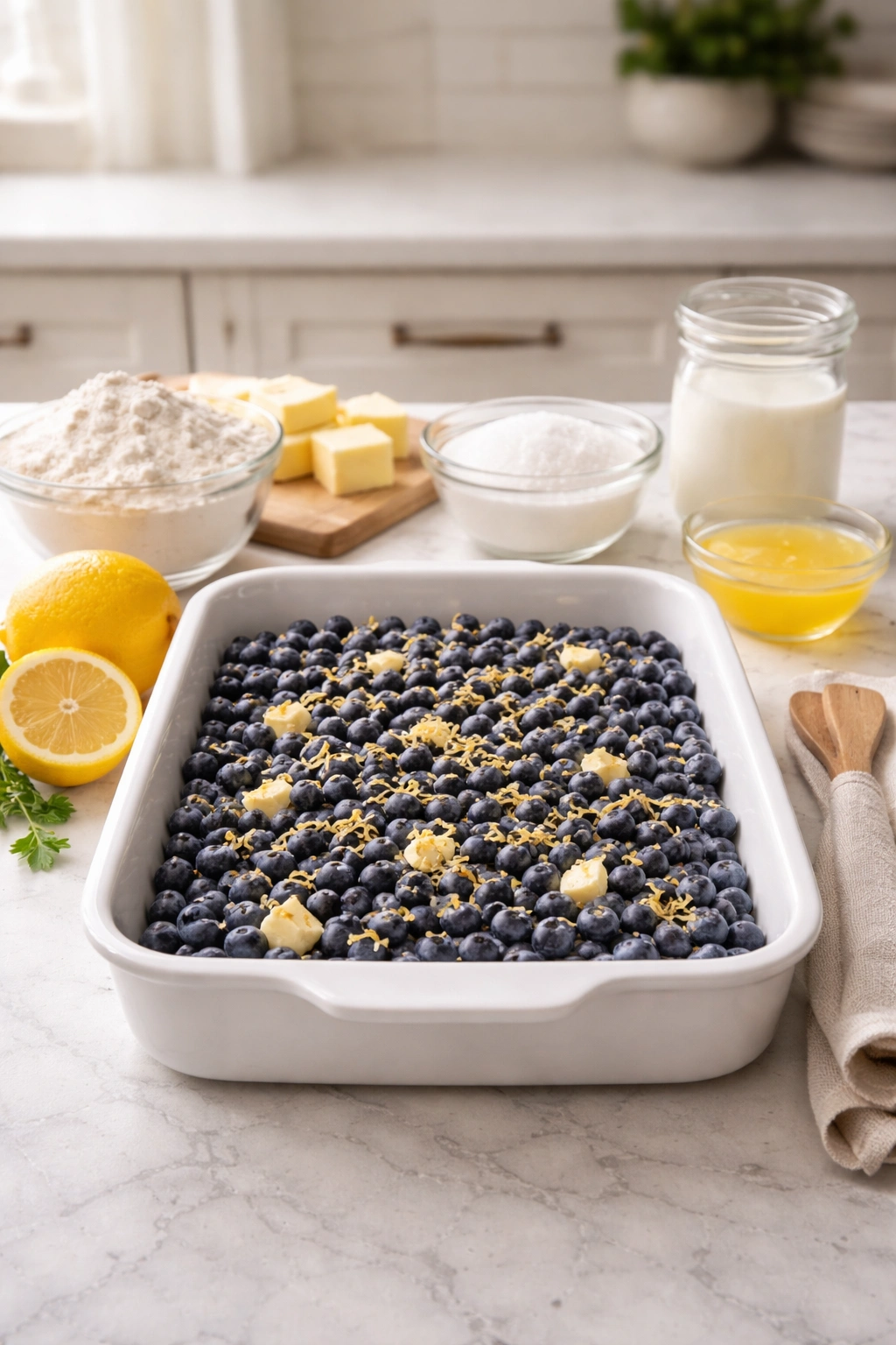9x13 baking dish with blueberries and lemon zest