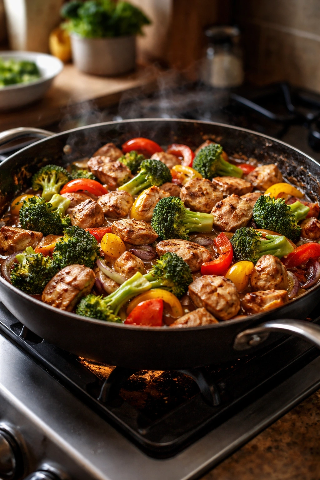 Overcrowded pan with ingredients cooking on a stove