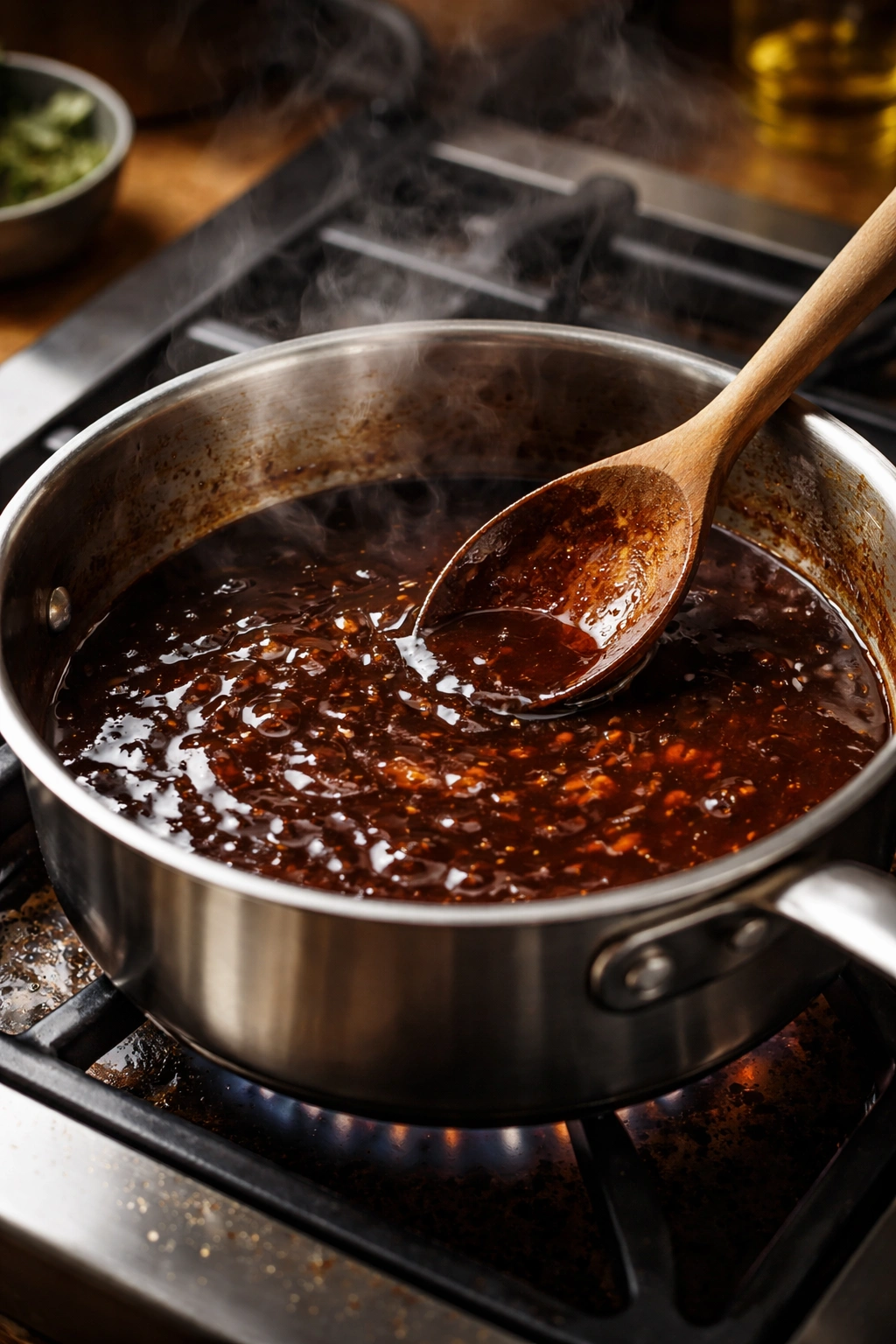 Glossy pan sauce reducing in a saucepan on the stove