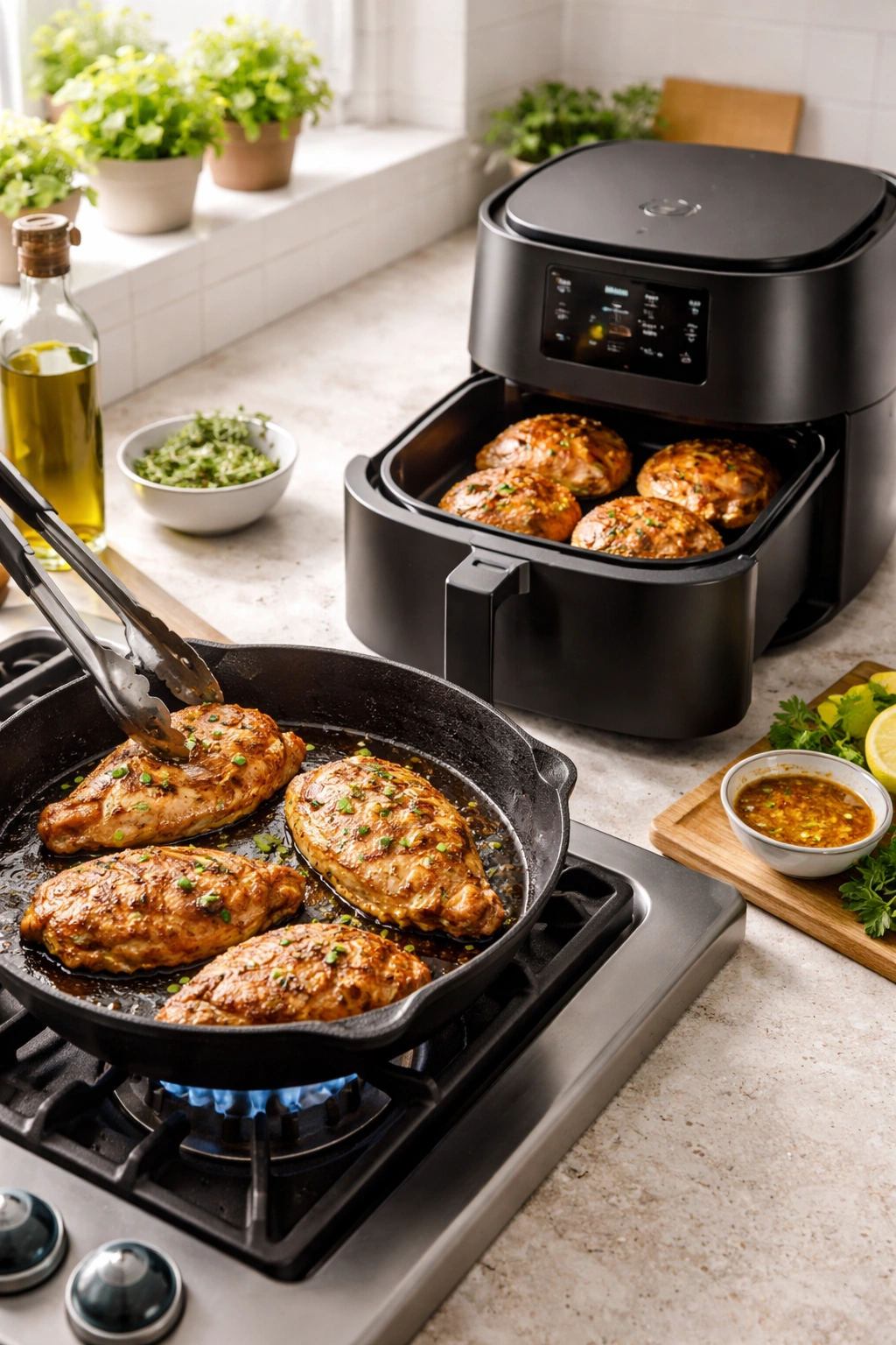 Searing chicken in a cast-iron skillet beside an air fryer on a kitchen counter