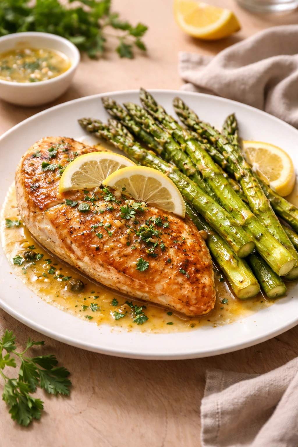 Pan-seared chicken with roasted asparagus and lemon butter sauce on a plate