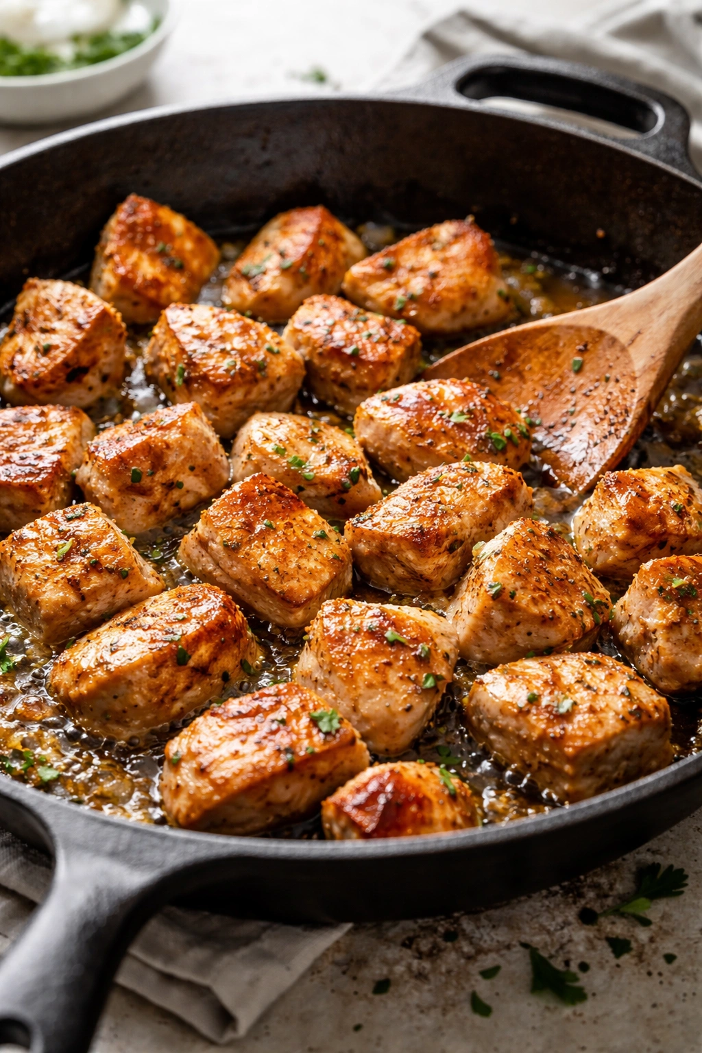Golden-brown chicken pieces sizzling in a skillet