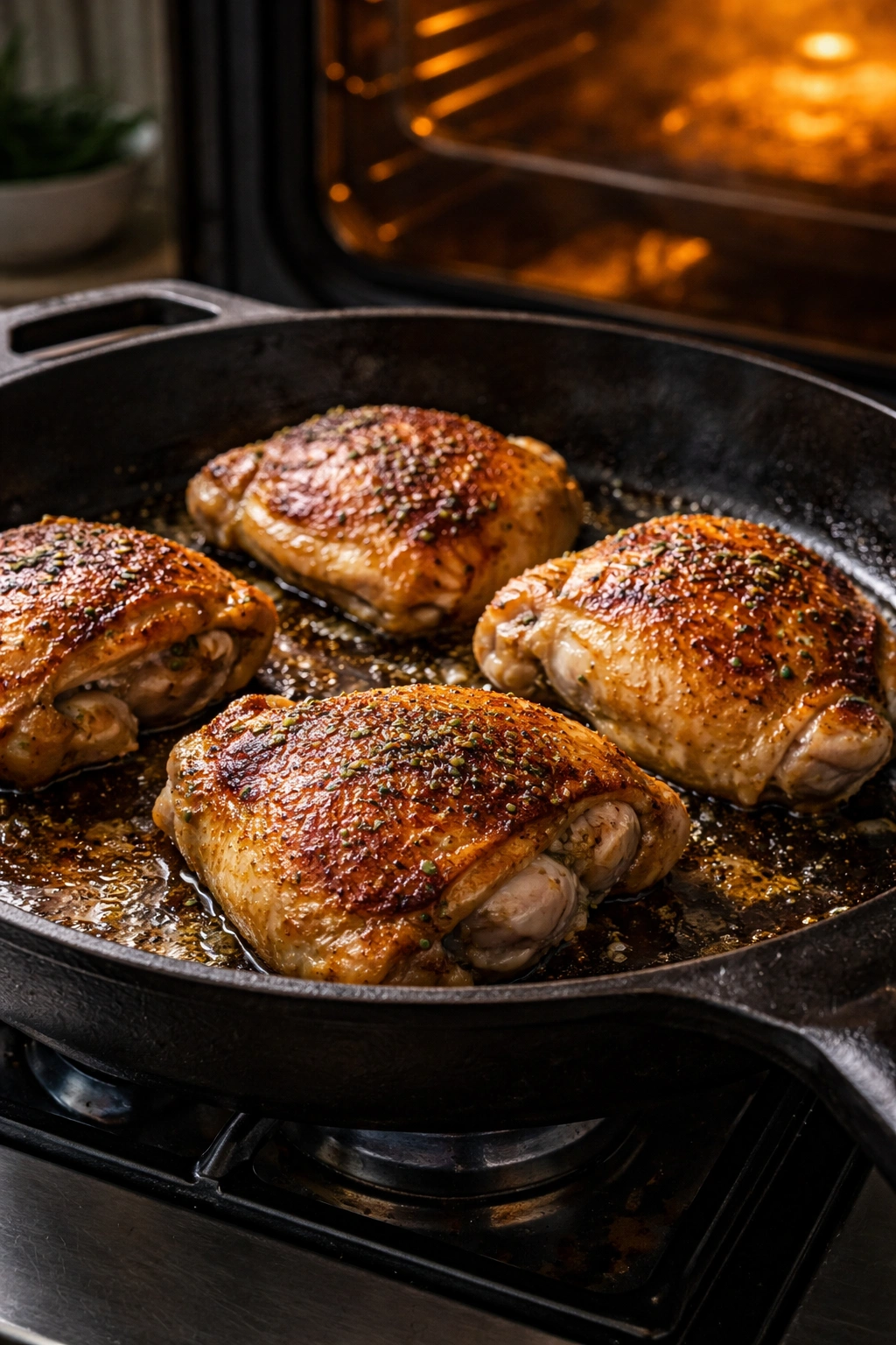 Cast-iron skillet with crispy-skinned chicken thighs browning
