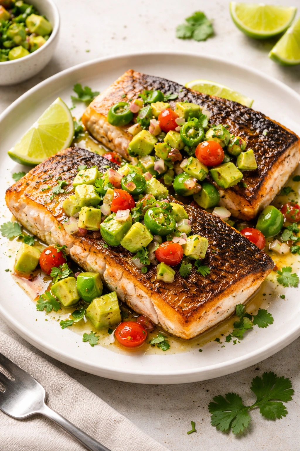 Pan-seared fish with avocado salsa on a plate