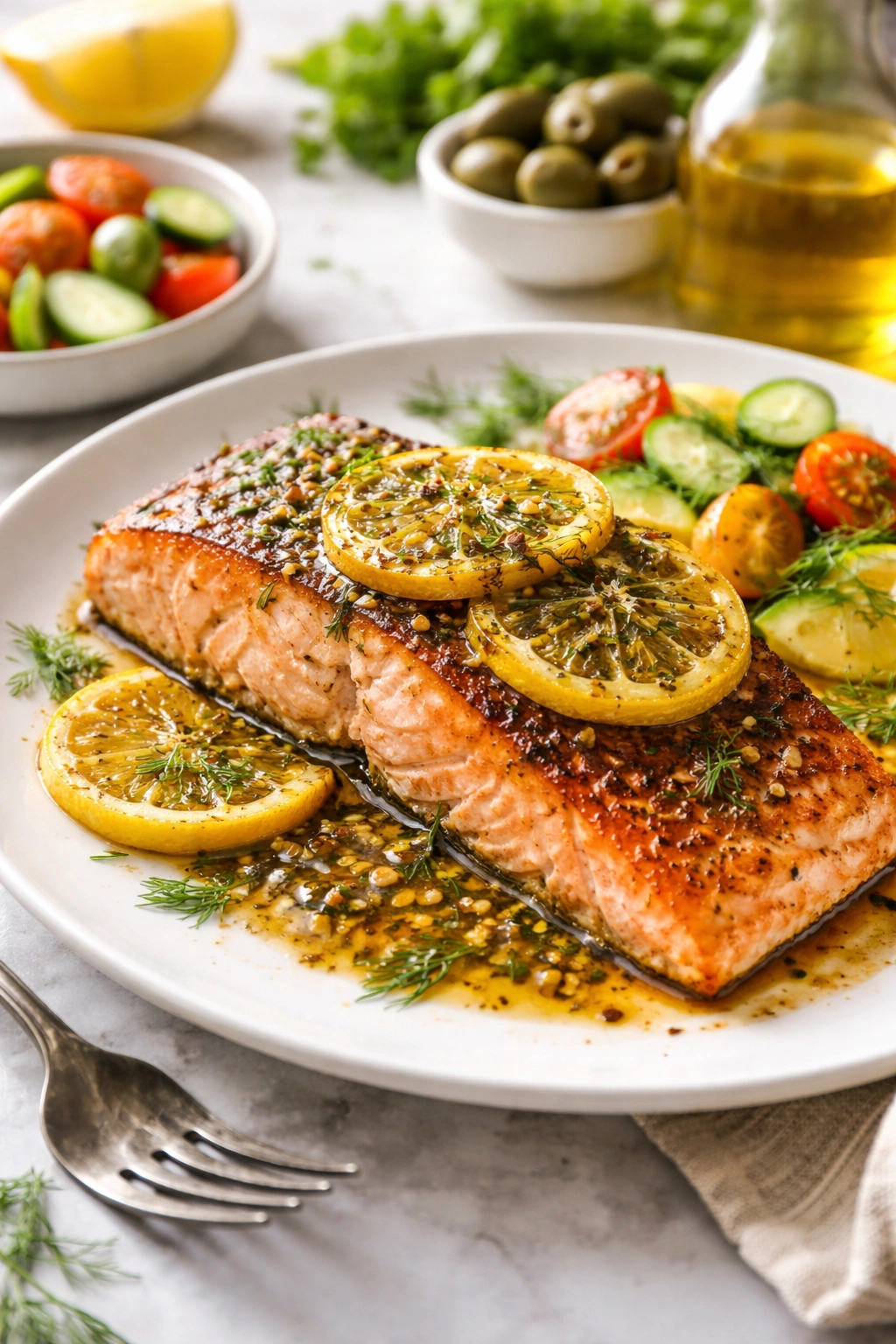 Pan-seared salmon with caramelized lemon and dill
