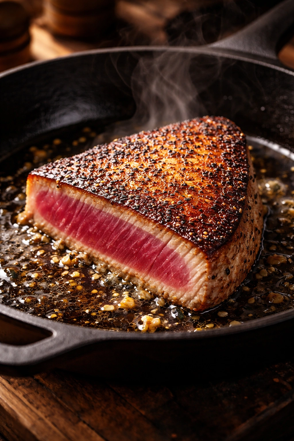 Pan-Seared tuna steak browning in a cast iron skillet
