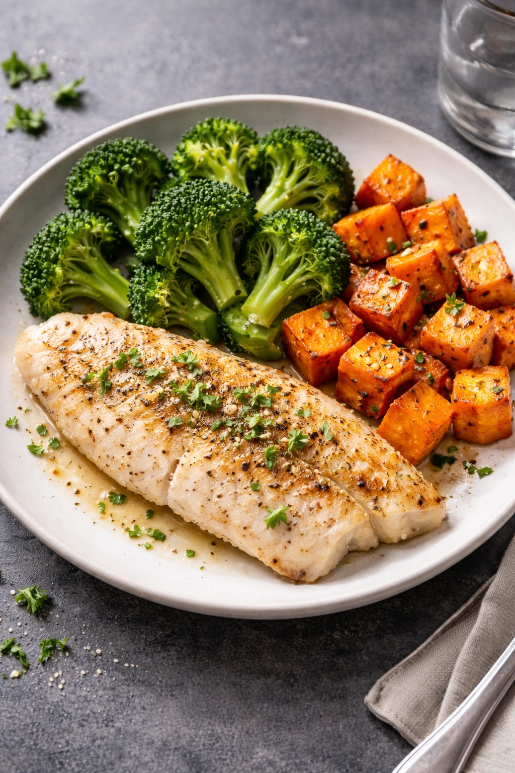 Pan-seared white fish with broccoli and sweet potato