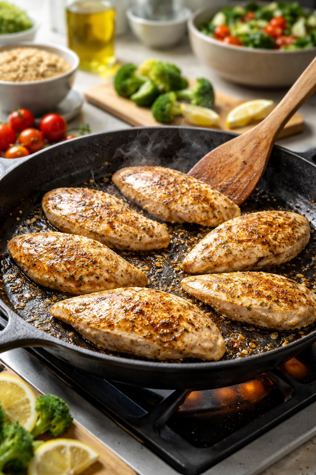 Close-up of a skillet with thin-cut chicken browning quickly