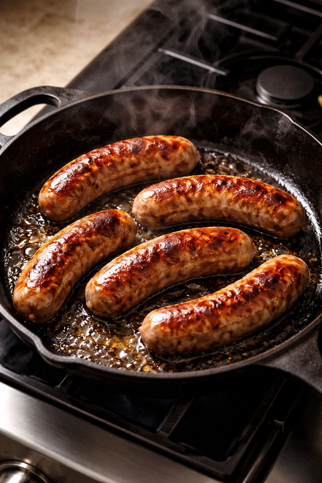 Sausages browning in a cast-iron skillet on a stovetop with a golden crust and rendered fat