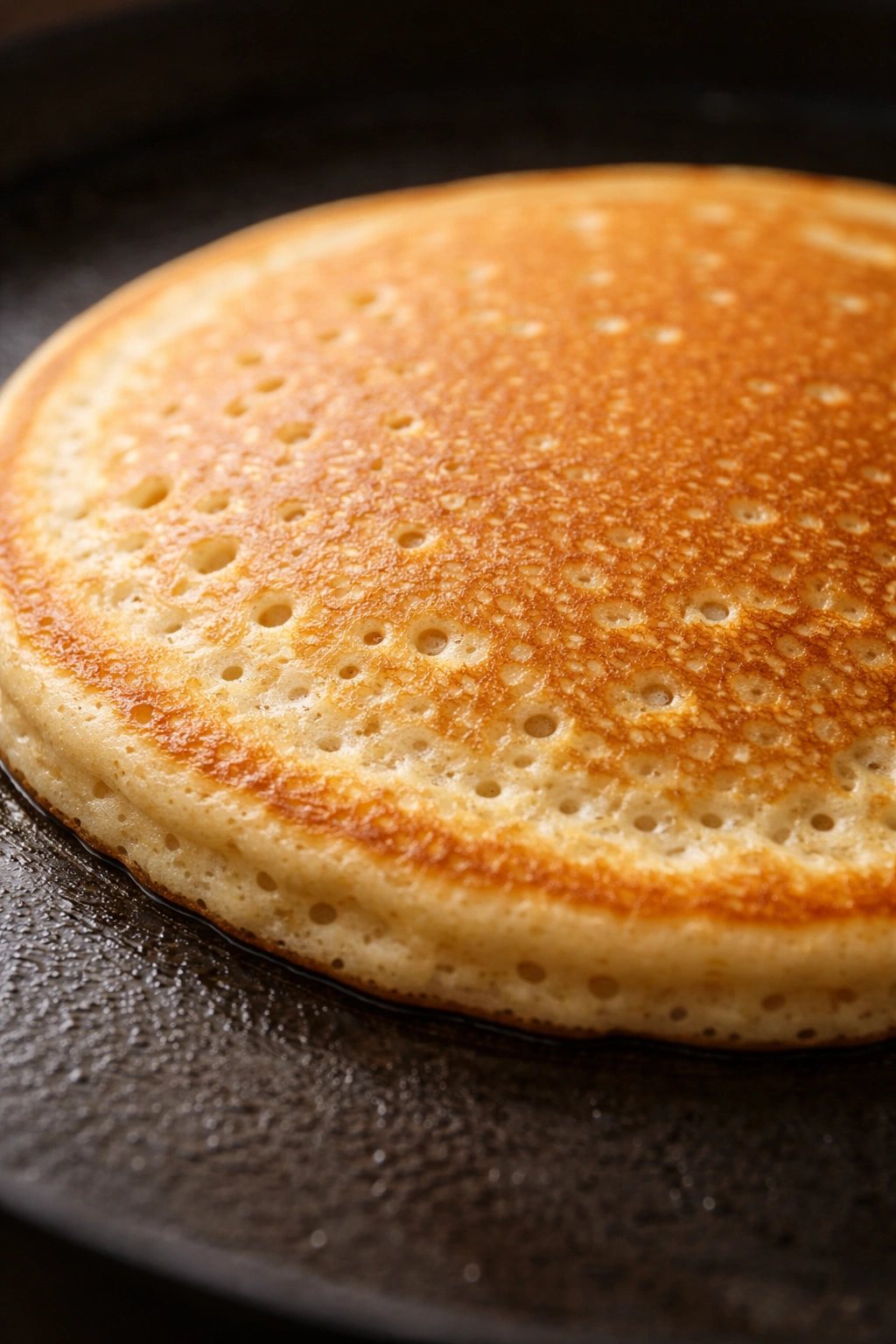 Pancake surface with holes and dry top indicating doneness