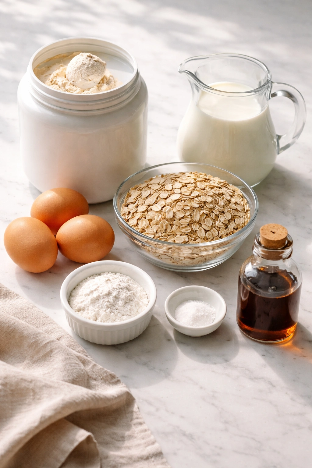 Still life of essential pancake ingredients arranged neatly on a clean surface