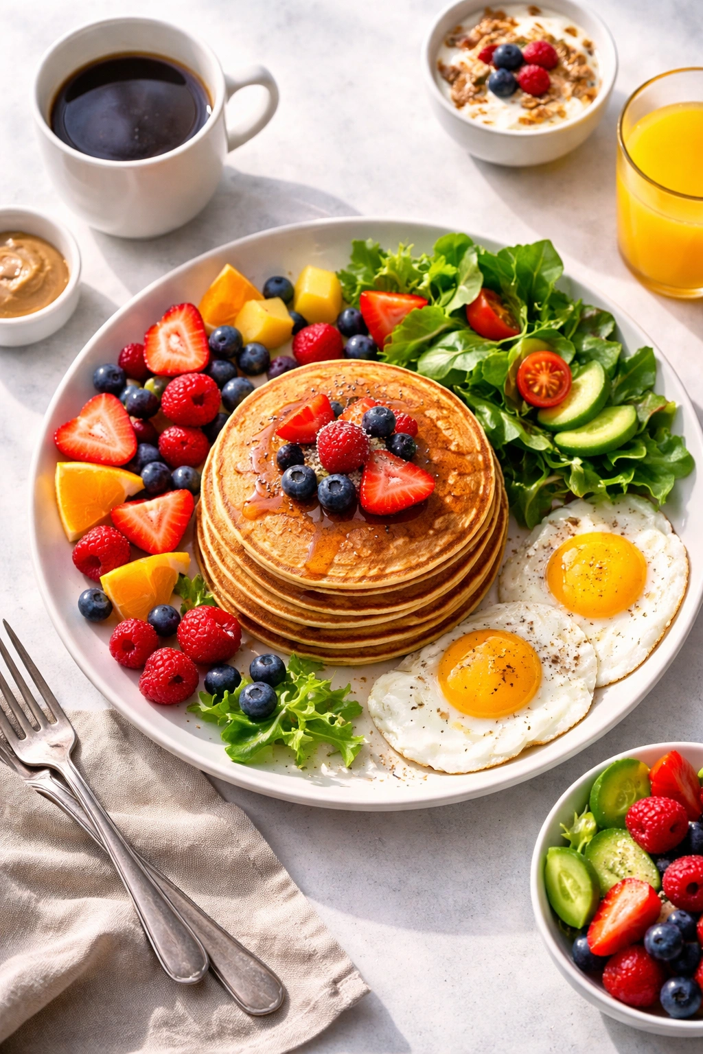 Protein pancakes plated with fruit and greens for a balanced breakfast