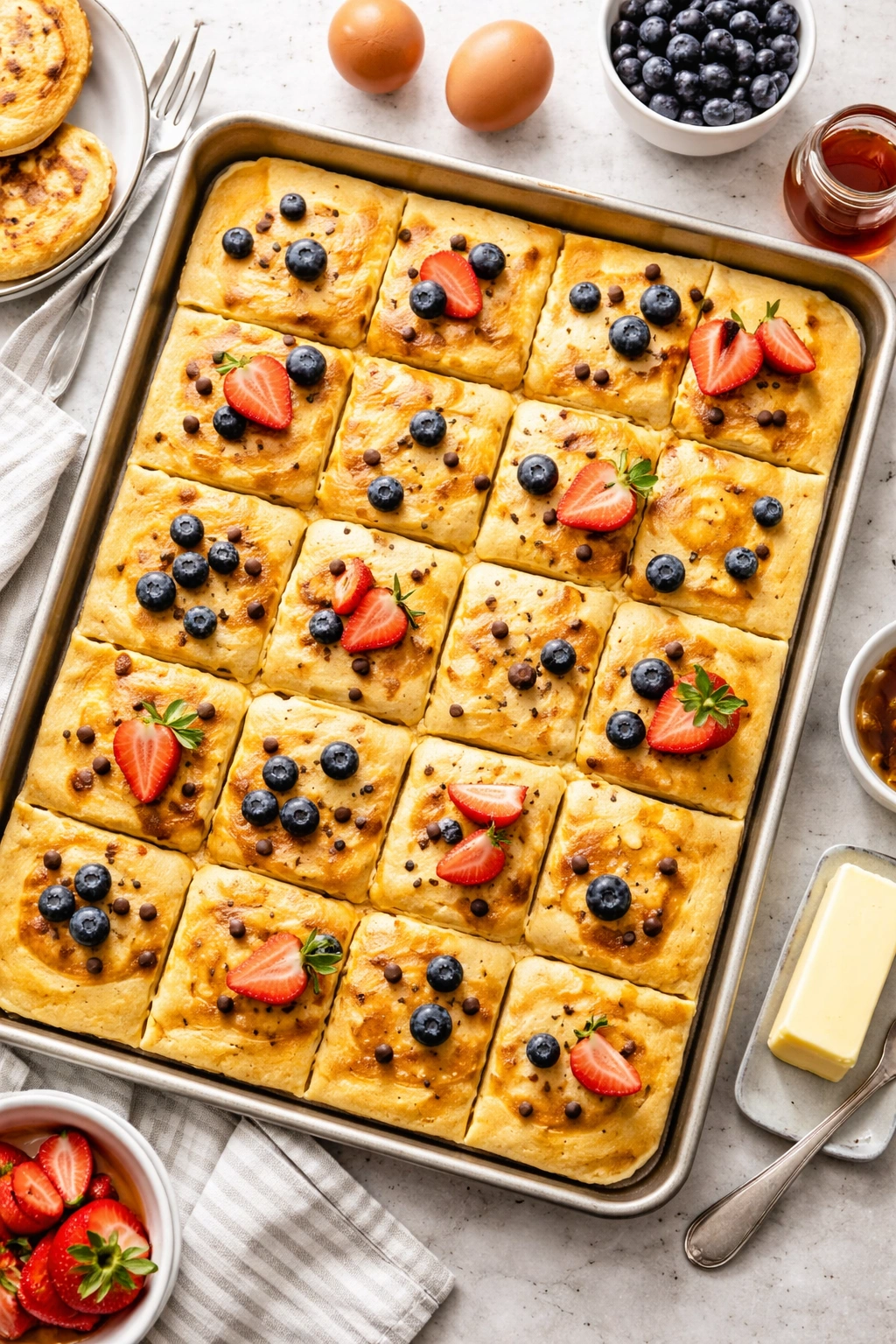 Bright sheet pan pancakes grid reflecting texture and rise