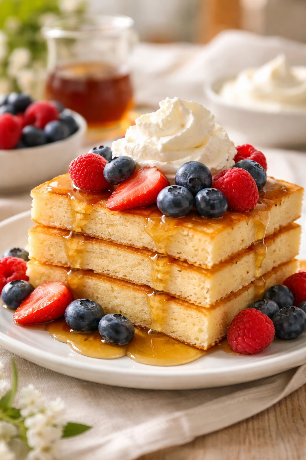 Pancakes topped with fresh berries and whipped cream