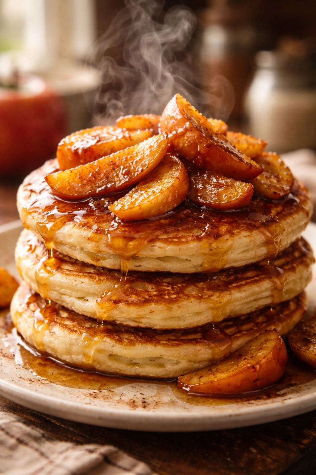 Pancakes with caramelized apple topping close-up