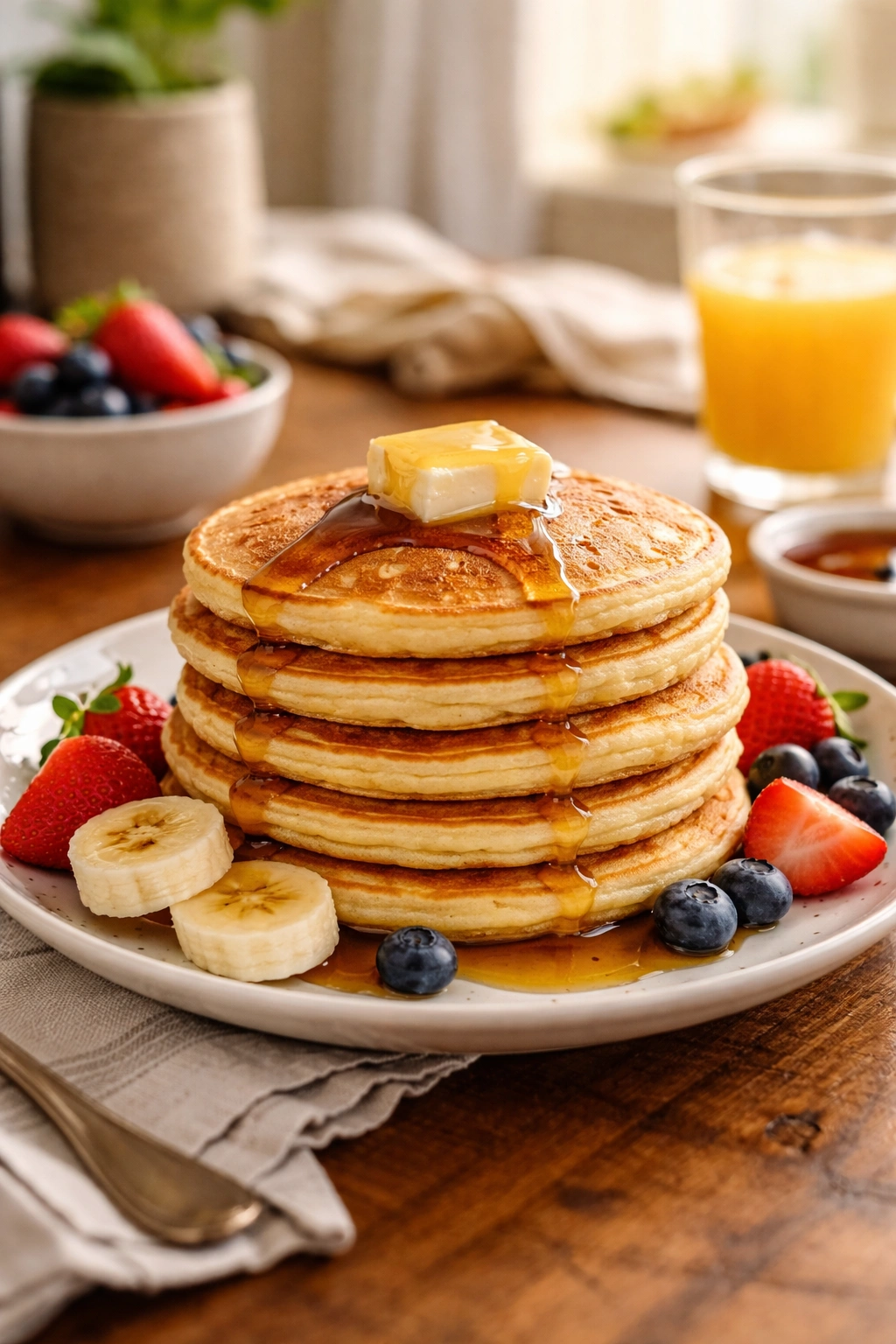 Stack of small fluffy pancakes with butter on a plate
