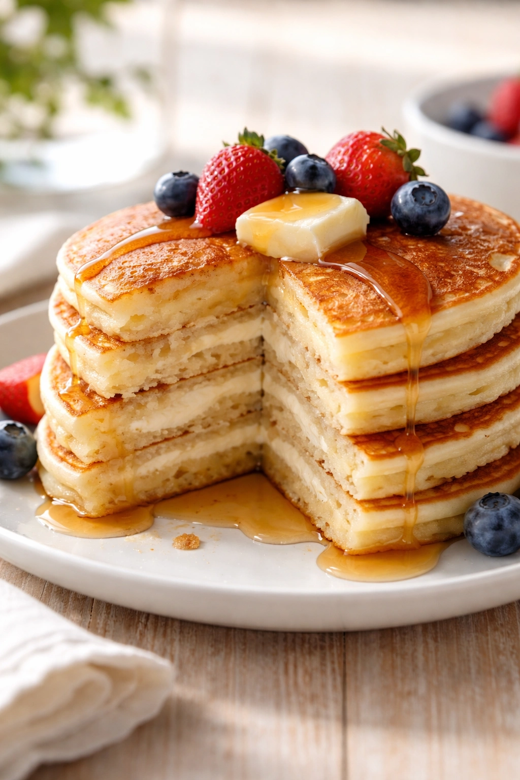 Close-up of cream cheese pancakes showing creamy interior swirl on white plate
