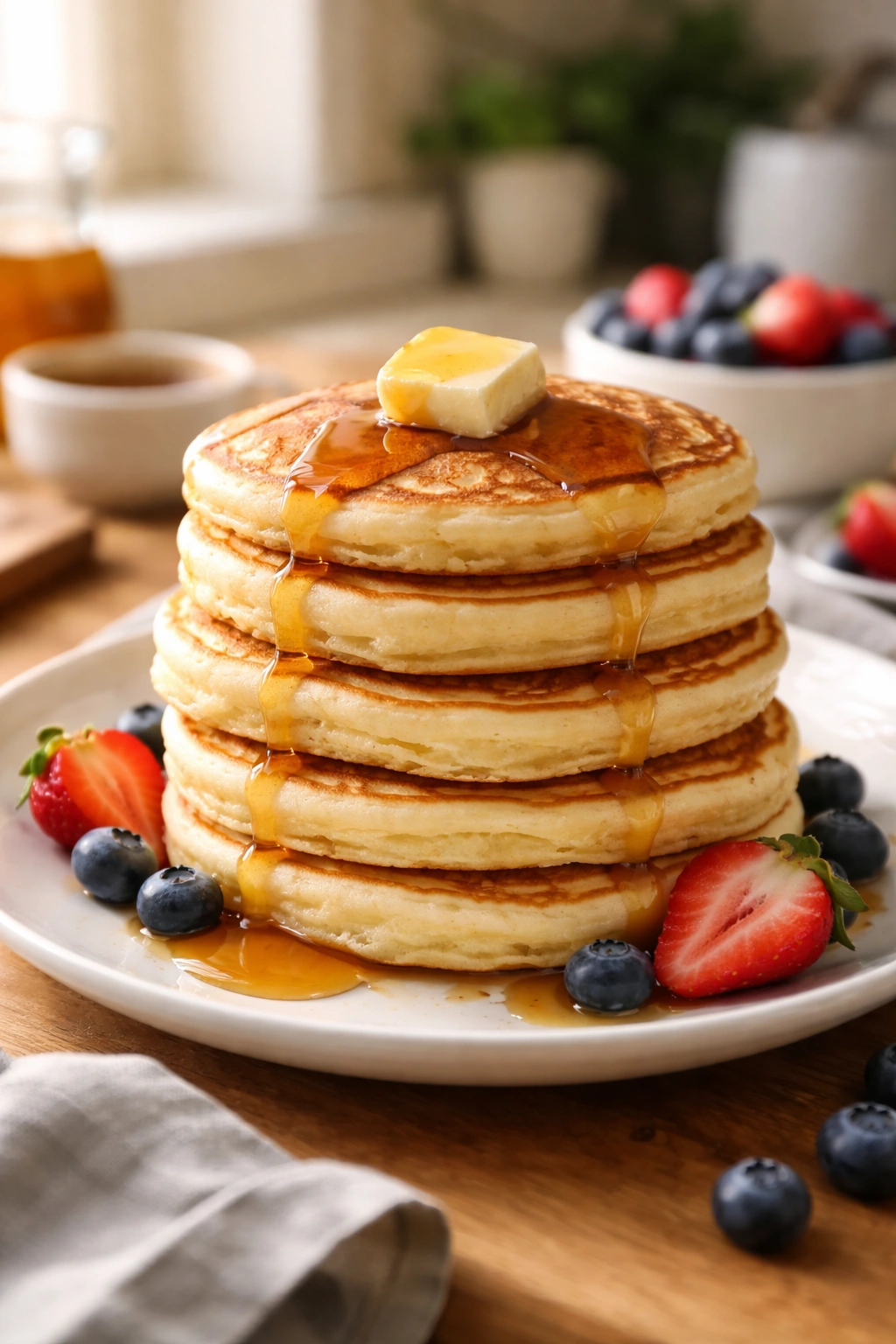 Close-up of a stack of fluffy pancakes on a plate with warm lighting