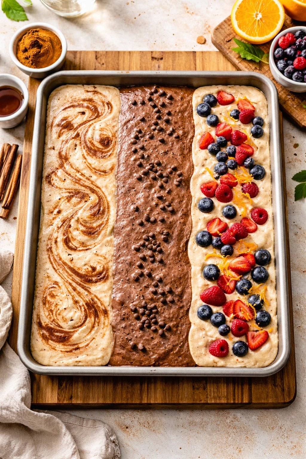 Sheet pan pancakes with cinnamon, cocoa, and berry variations baked on a pan