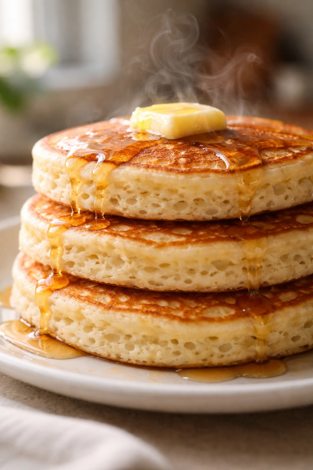 Close-up of fluffy pancakes with bubbles and steam