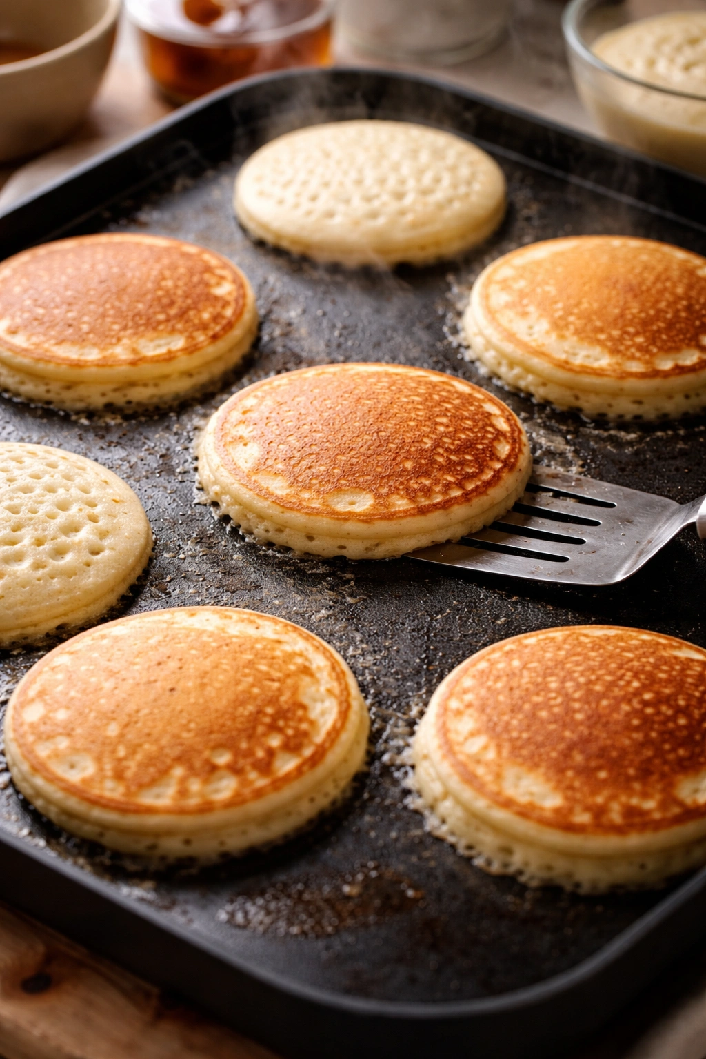 Multiple pancakes cooking on a hot griddle with golden edges