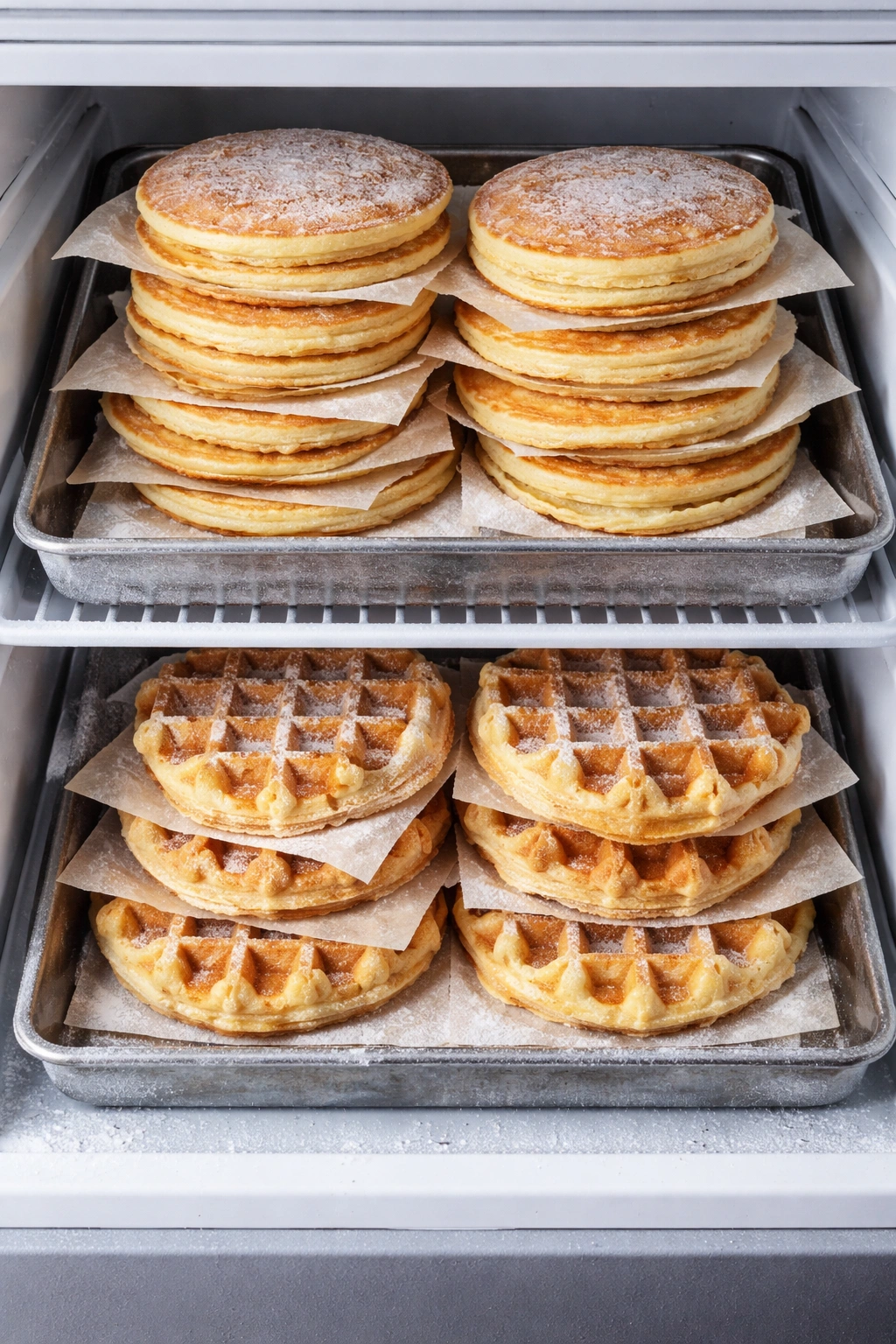 Frozen pancakes and waffles stacked on parchment on a tray
