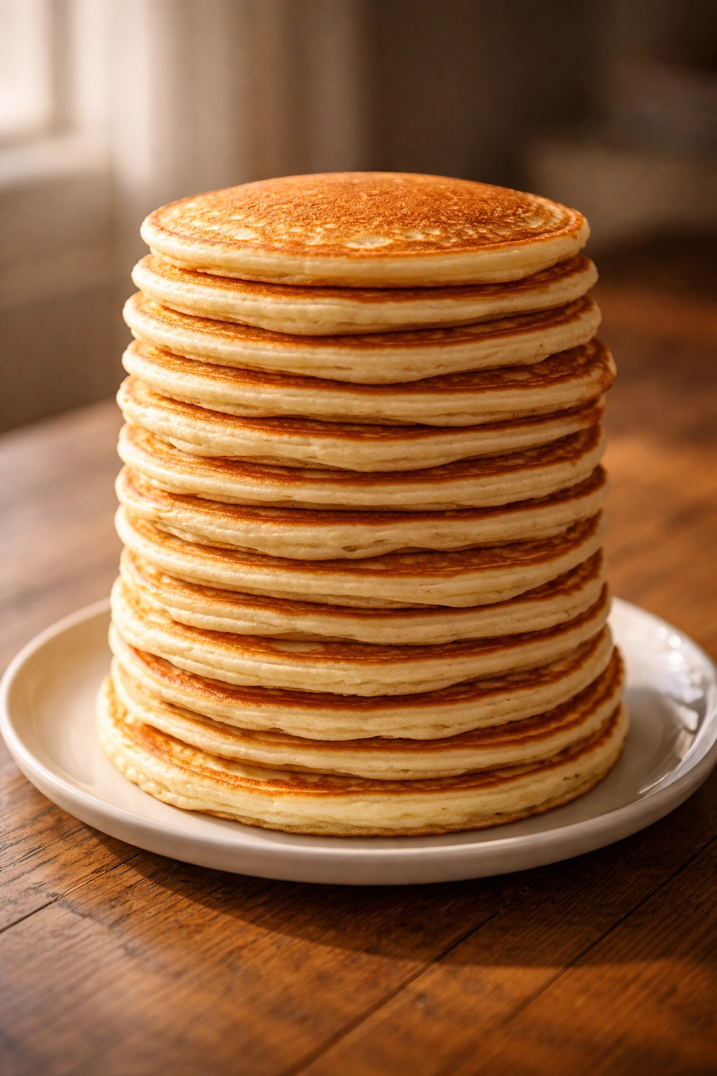 Tall stack of pancakes on a plate