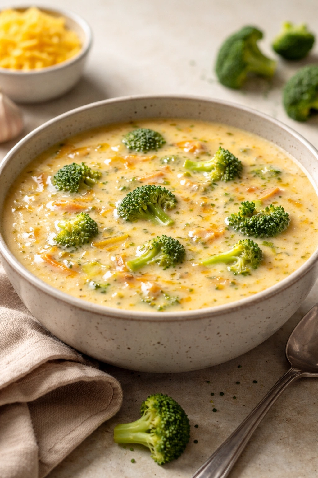 Close-up of Panera-inspired copycat broccoli cheddar soup in a bowl.