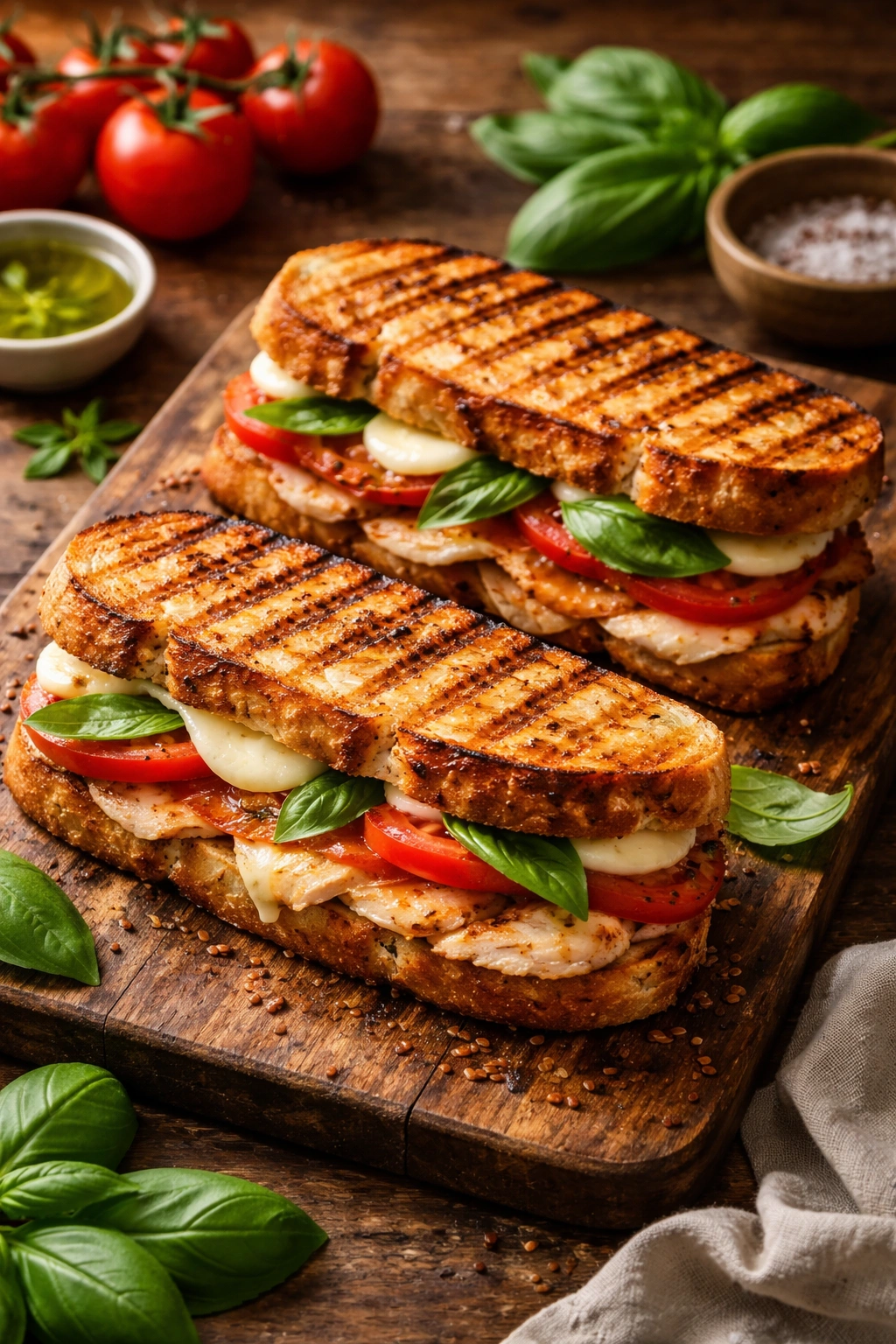 Chicken caprese panini on a wooden board with melted mozzarella, tomato, and basil.