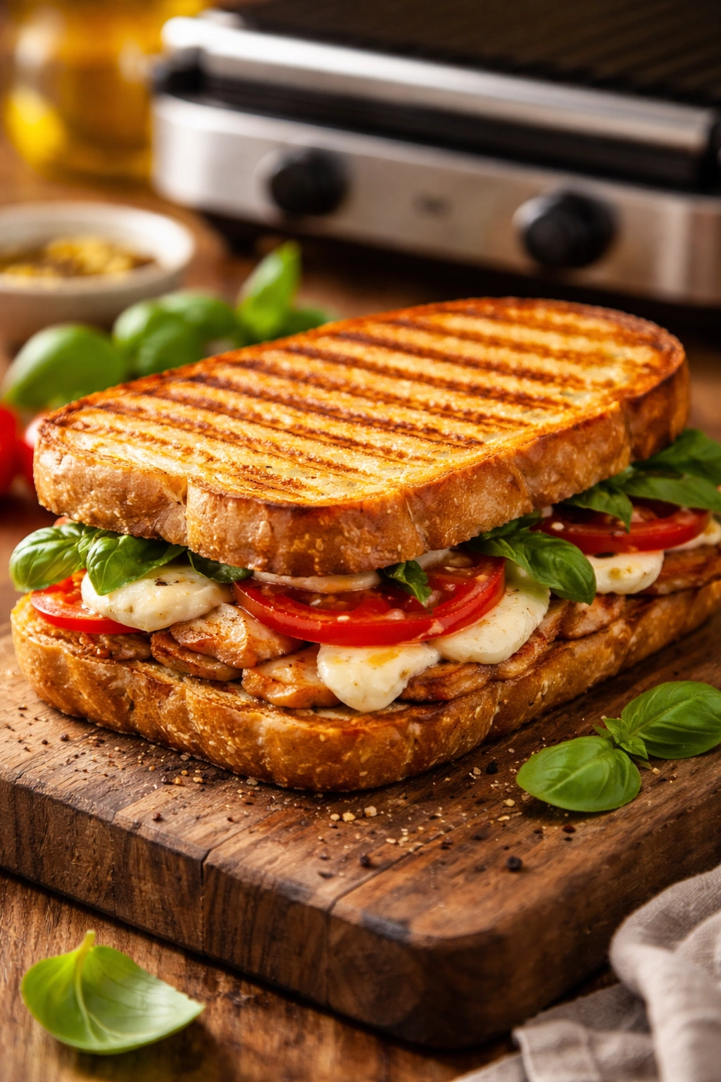 Golden crust panini on wooden board, suggesting perfect technique