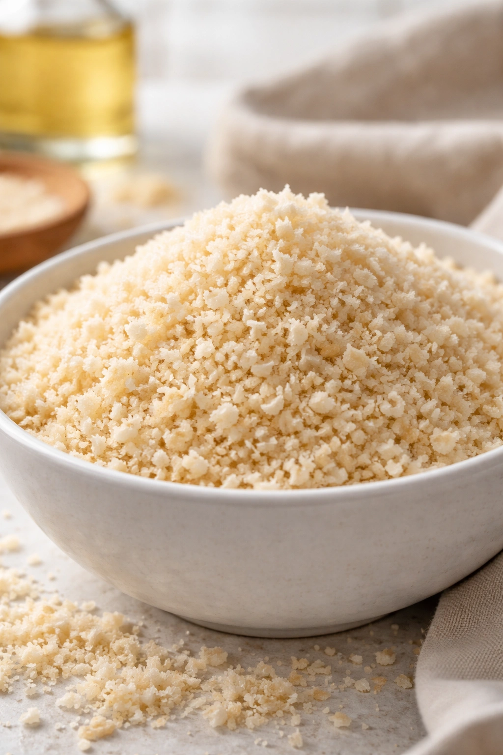 Close-up of airy panko breadcrumbs in bowl with soft kitchen background