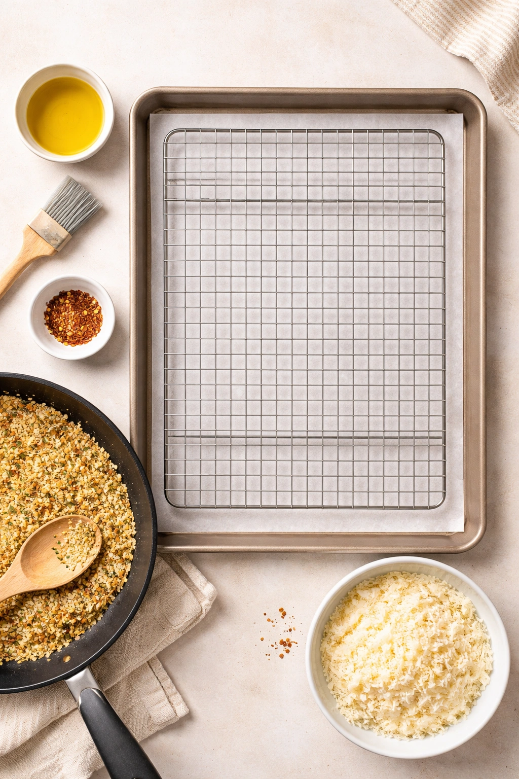 Tools and ingredients for step-by-step breading and baking of chicken parm