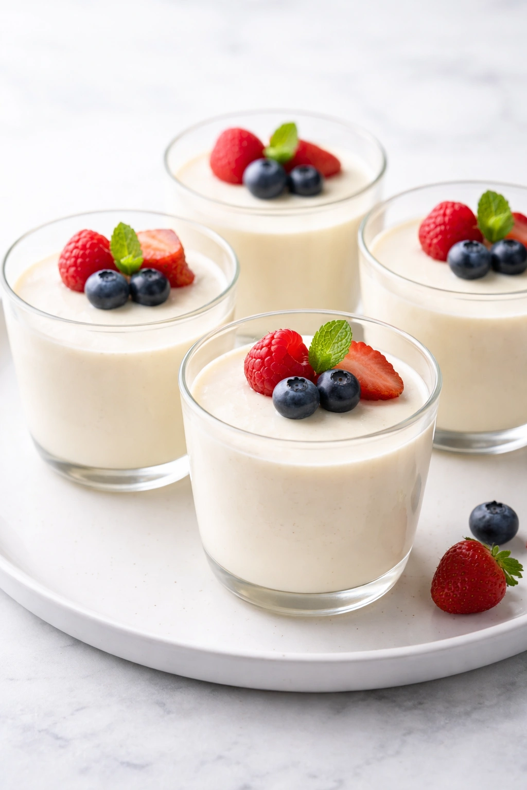 Panna cotta servings in clear cups with smooth tops.