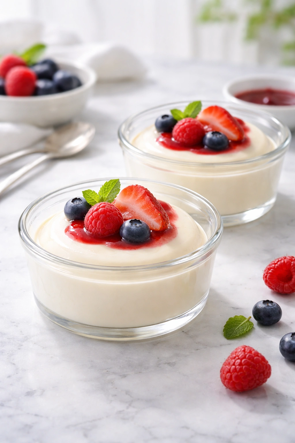 Panna cotta domes in ramekins on marble surface