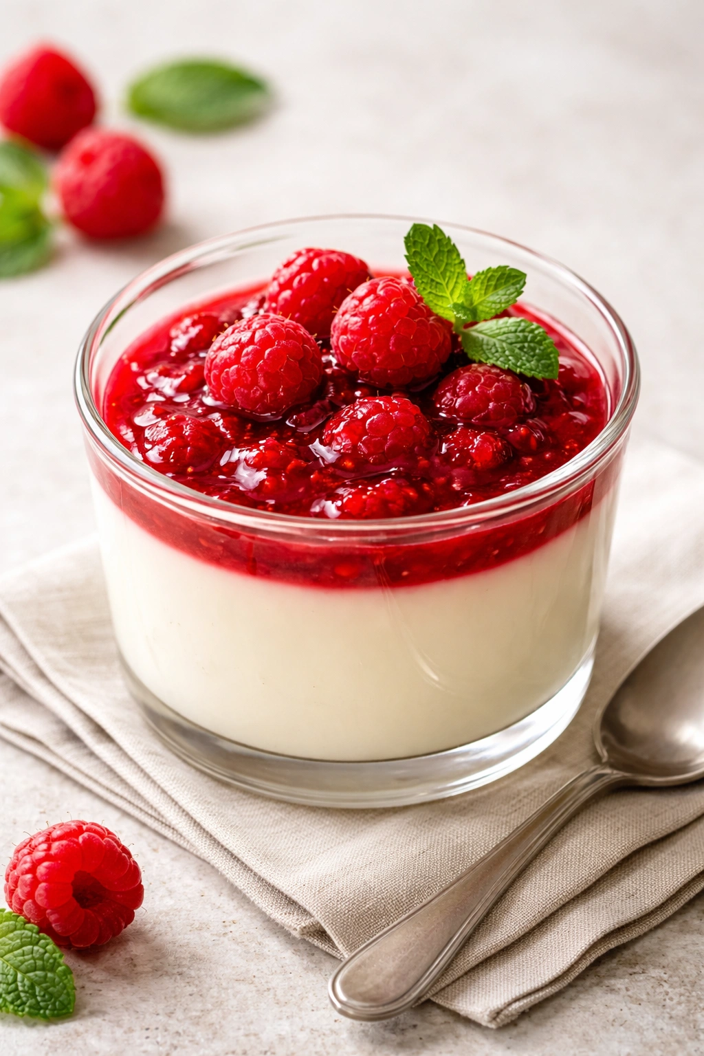 Panna cotta in ramekin with raspberry compote on top