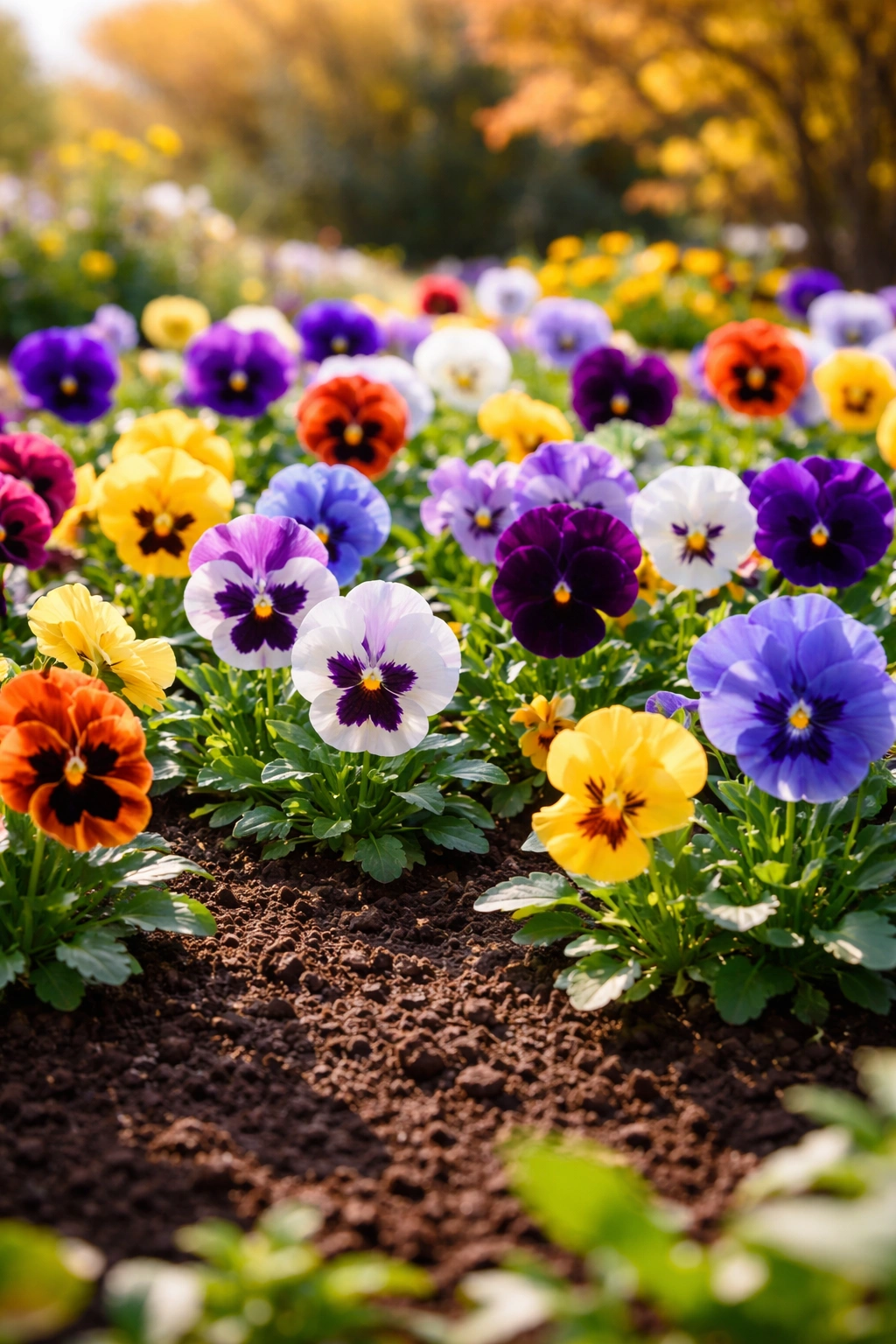 Pansies blooming in a cool-season flower bed for October planting