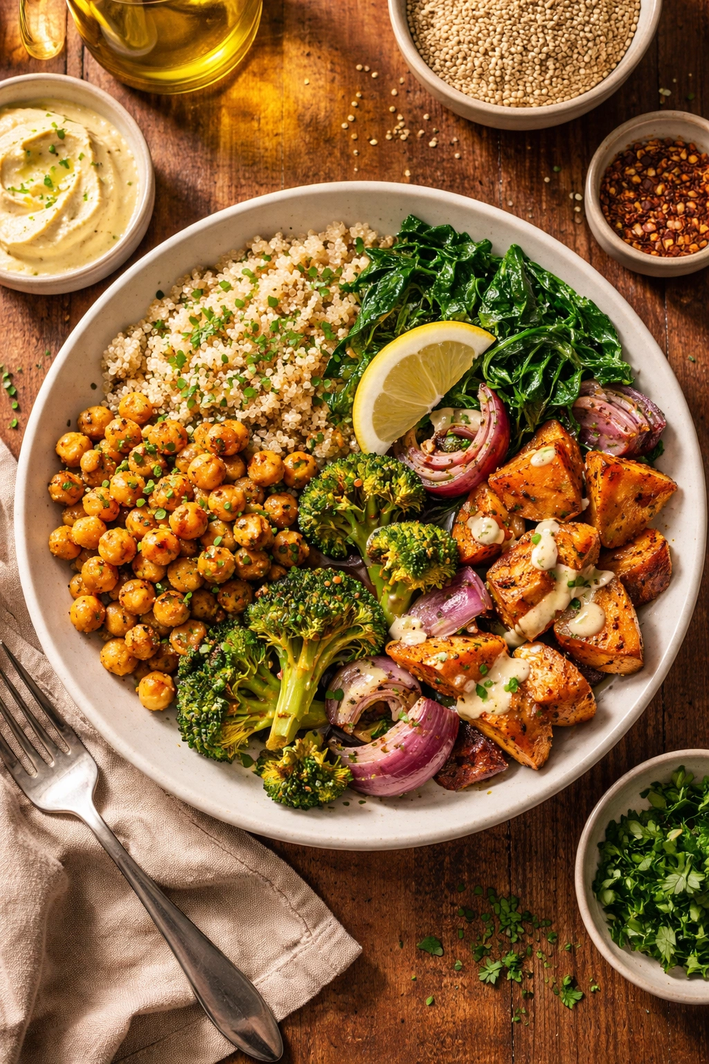 Colorful pantry-based dinner plated neatly
