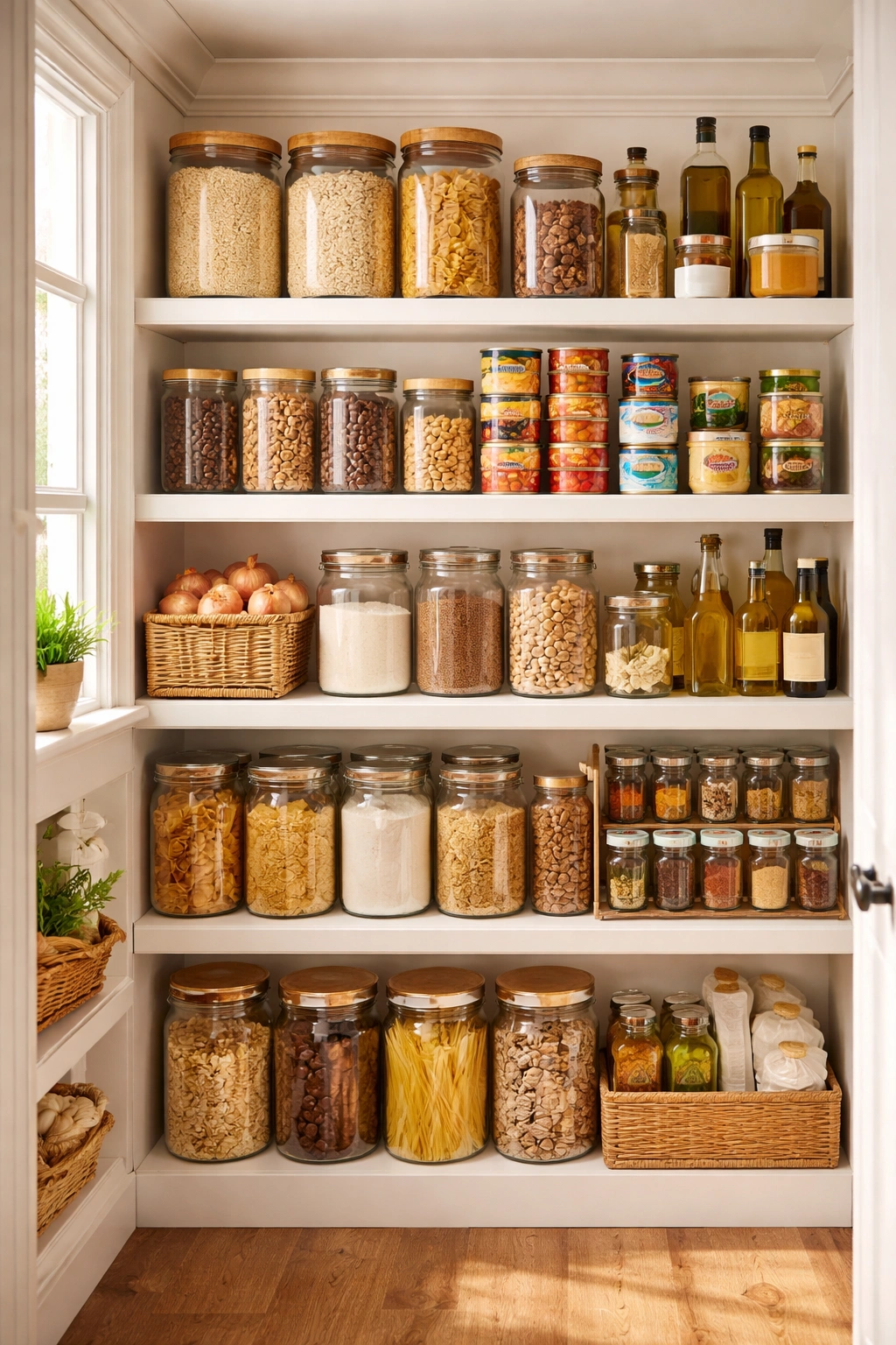 Organized pantry shelf with staple ingredients grouped by category