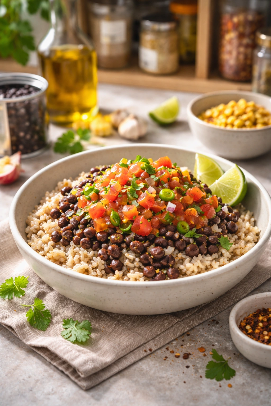 Plate of rice and beans with salsa representing pantry-based real cooking