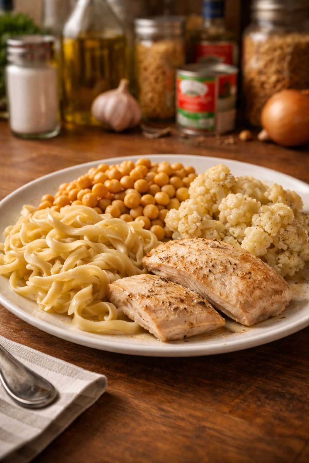 Close-up of a bland plated dinner suggesting under-seasoning and pantry cooking mistakes