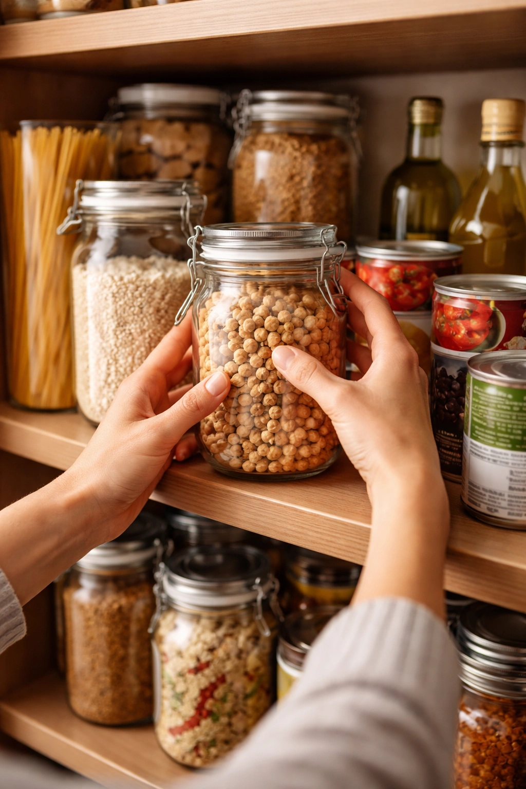 Hands selecting pantry items to avoid waste and poor choices