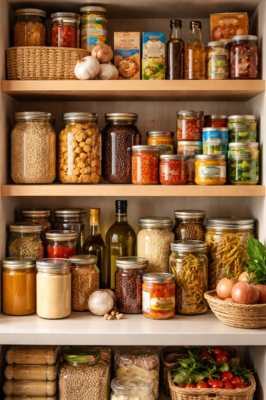 Neatly organized pantry shelf with cans and jars of shelf-stable ingredients