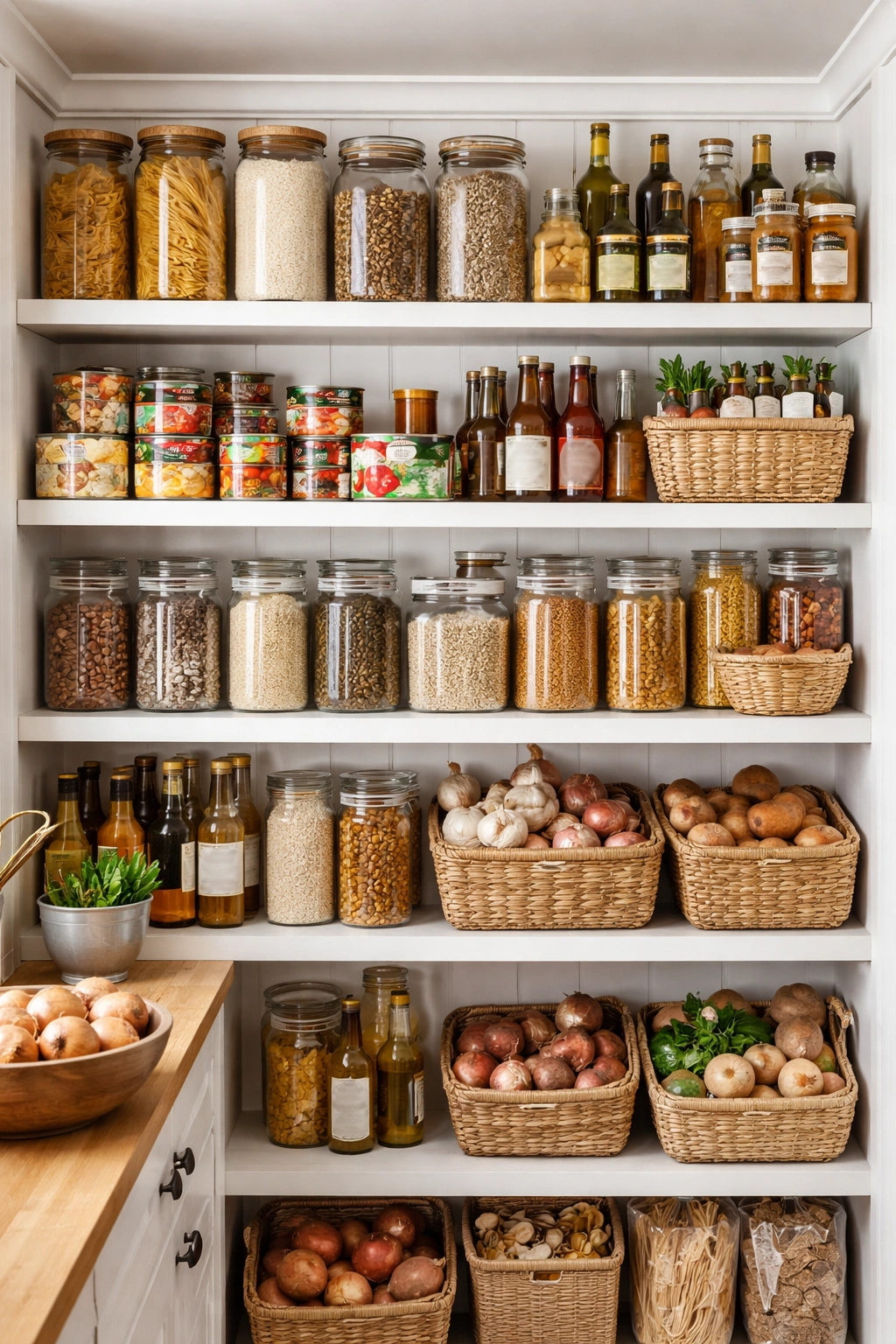 Organized pantry shelves with unlabeled grains and canned goods
