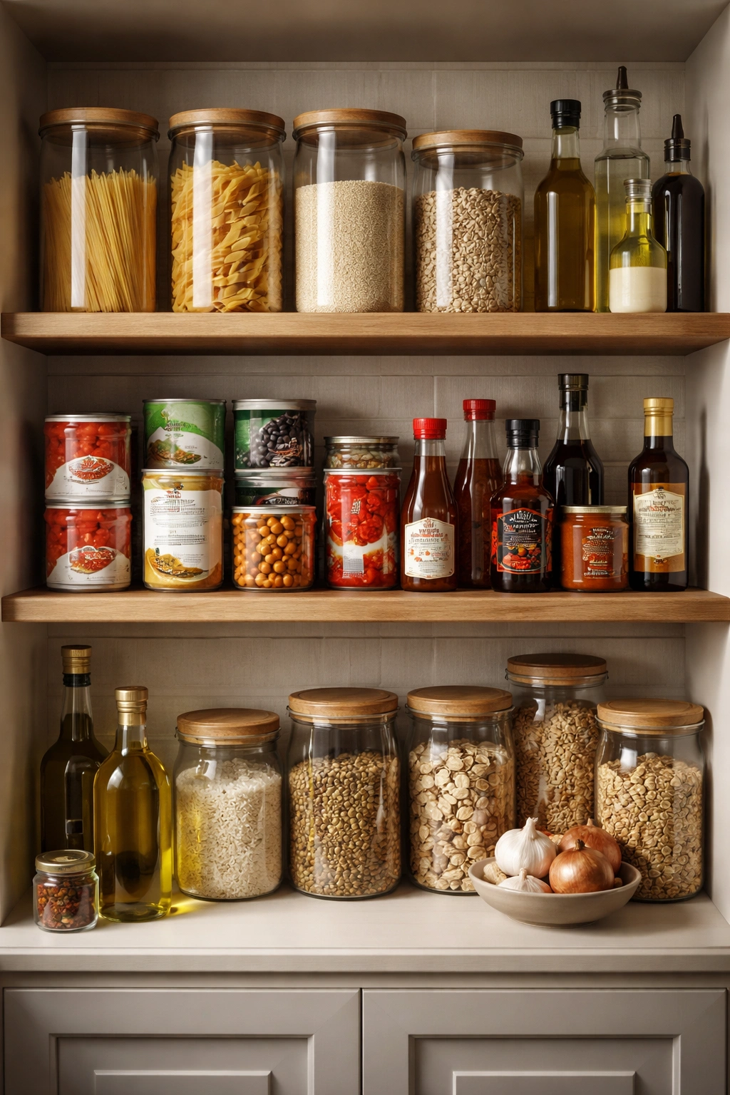 Organized pantry shelf with unlabeled jars and cans