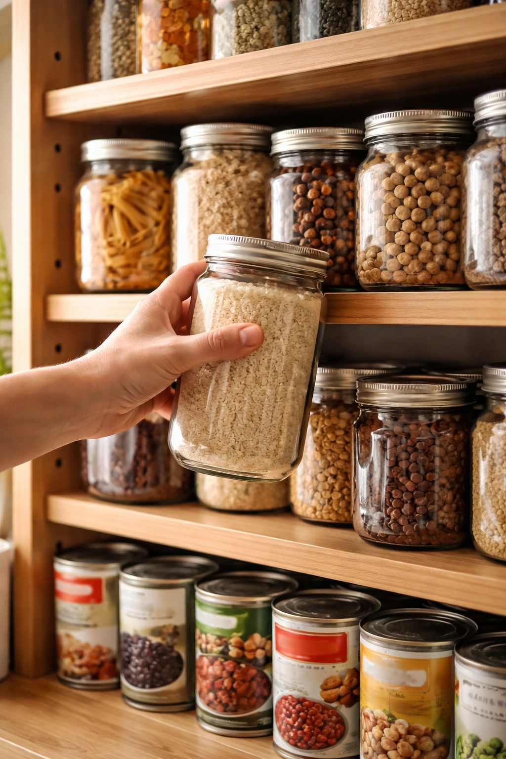 Hand rotating a jar on a pantry shelf to show stock rotation and restocking