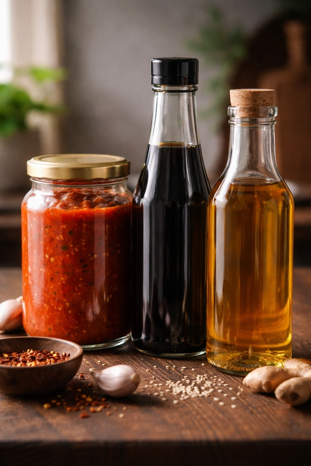 Unlabeled glass bottles and jars of pantry sauces on a dark wooden surface